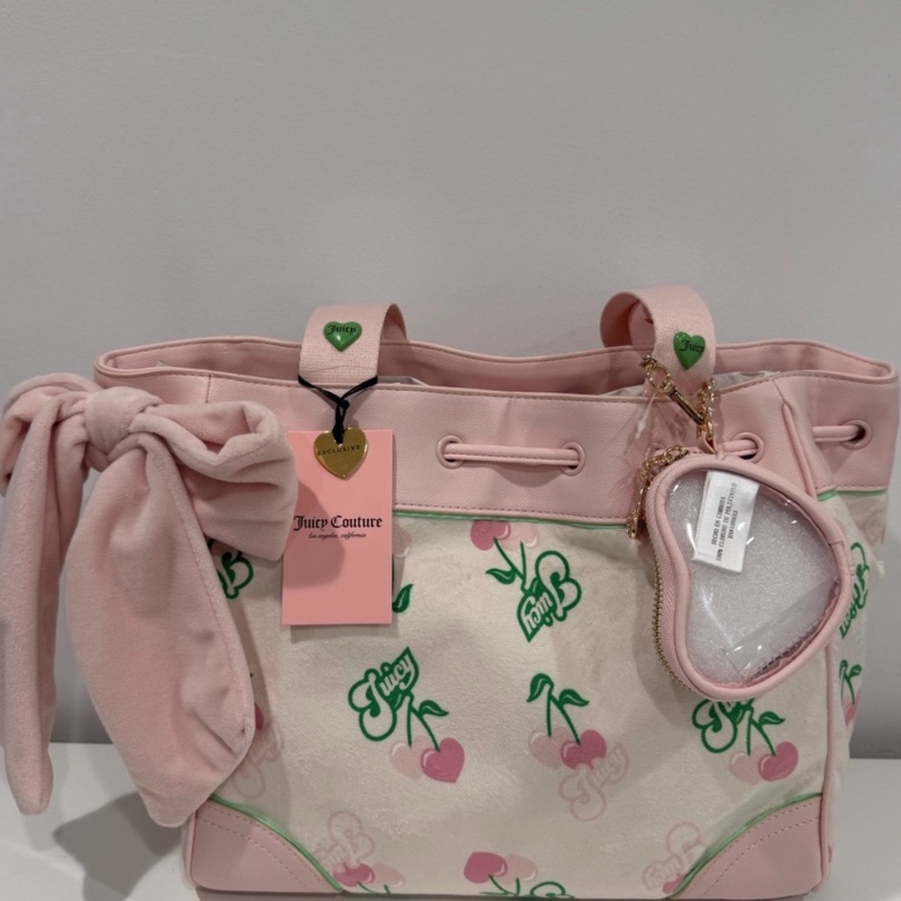 Brand New Juicy Couture Pink Cherry Print Tote with Green Accents